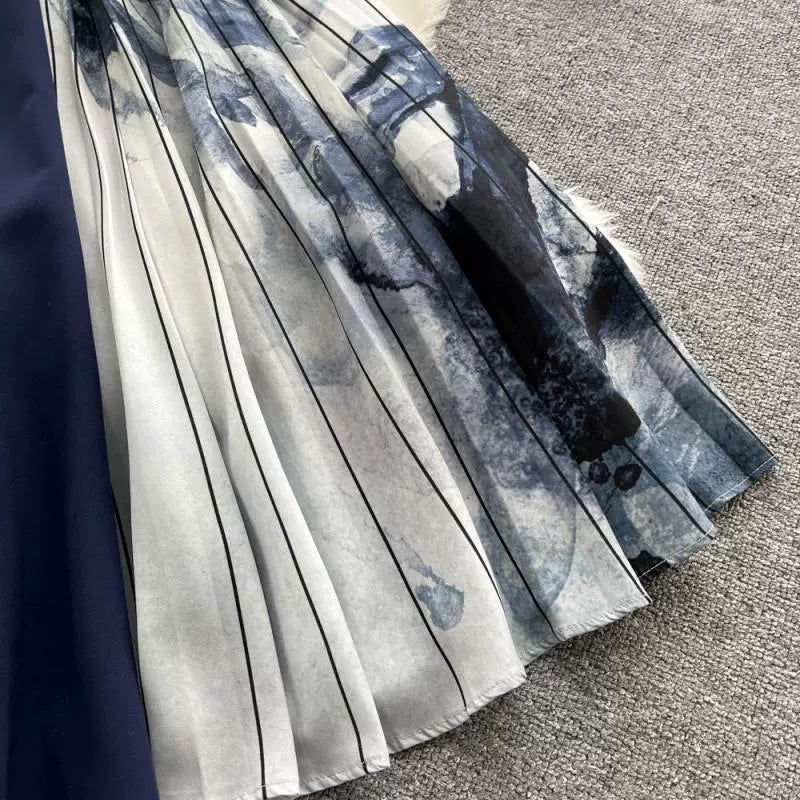 V-neck light luxury European Hepburn style print pressed over the knee Dress