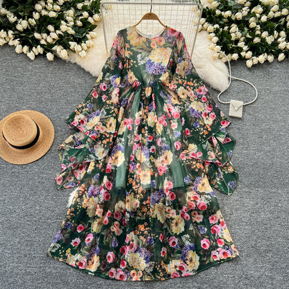 Elegant A-line Chiffon Dress- Retro Court Style with Flared Long Sleeves