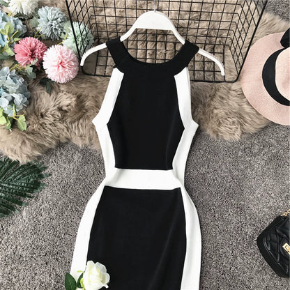 Elegant Off-Shoulder Halter Neck Black and White Bodycon Dress