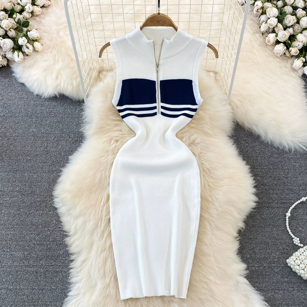 Summer High-End Polo Collar Striped knitted Vest Slim Hip Bodycon Dress