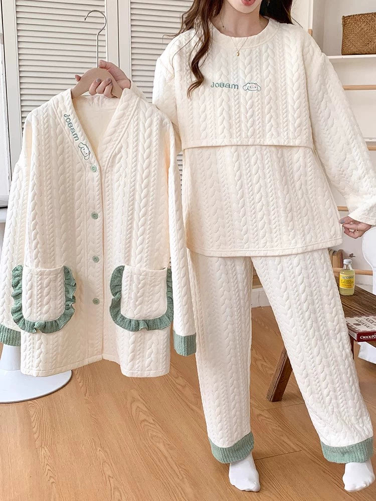 Women's Pregnant Postpartum Maternity Breastfeeding 3 Piece Pajamas Set For Winter