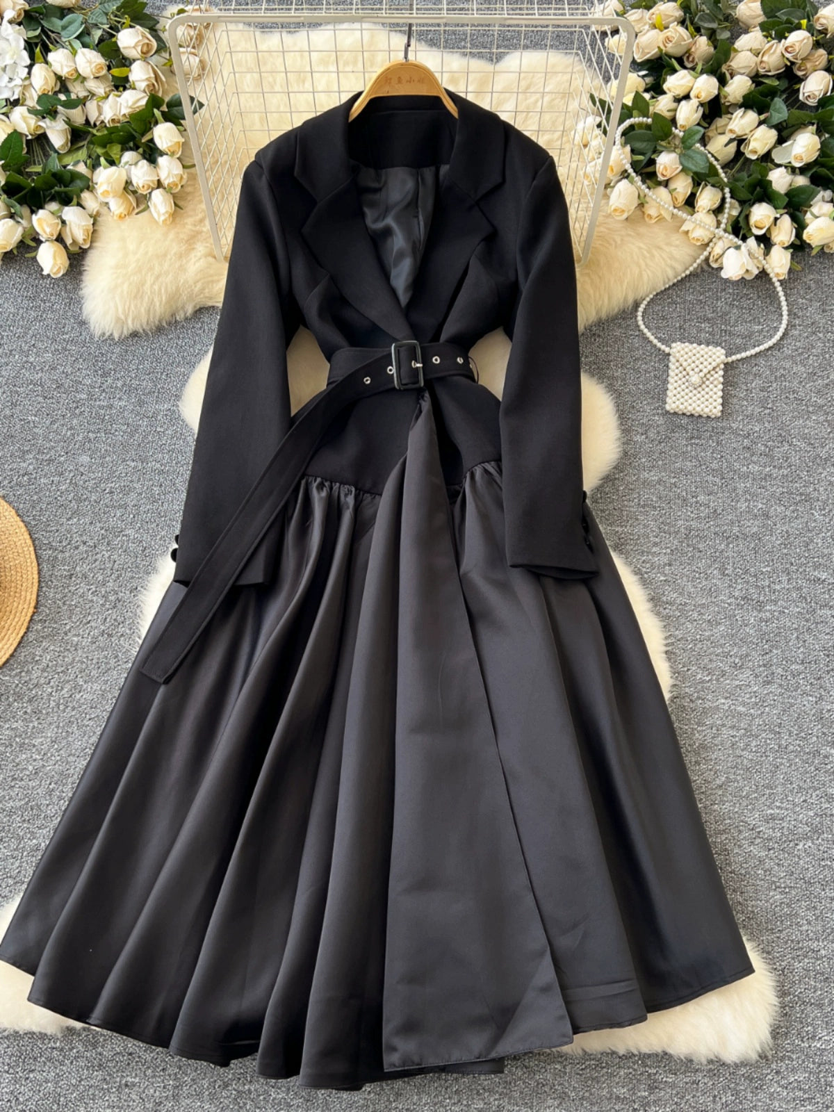 Glamorous Long Suit Dress with Tie Waist Stylish Long Sleeve Lapel Stitching Skirt