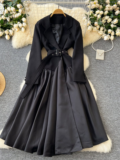 Glamorous Long Suit Dress with Tie Waist Stylish Long Sleeve Lapel Stitching Skirt