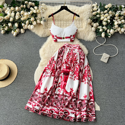 European and American Luxury Style Women's Printed Camisole and High-Waisted Skirt Set