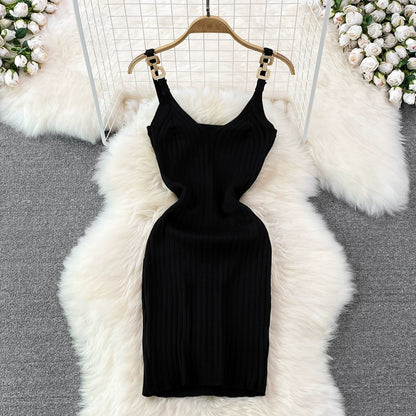 Elegant Chain Vest Slip Knitted Slim Short Bodycon Dress