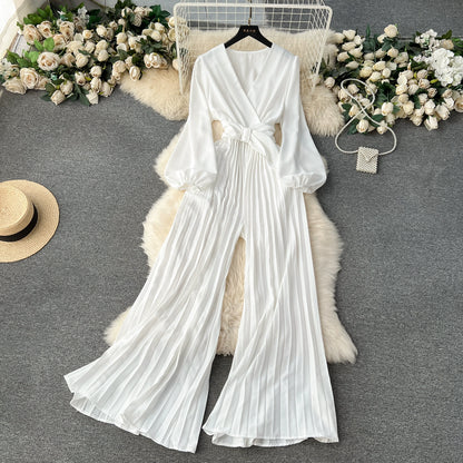 European And American Spring V-Neck Puff Sleeve Tie Waist Long Pressed Pleated Wide-Leg Pants Jumpsuit