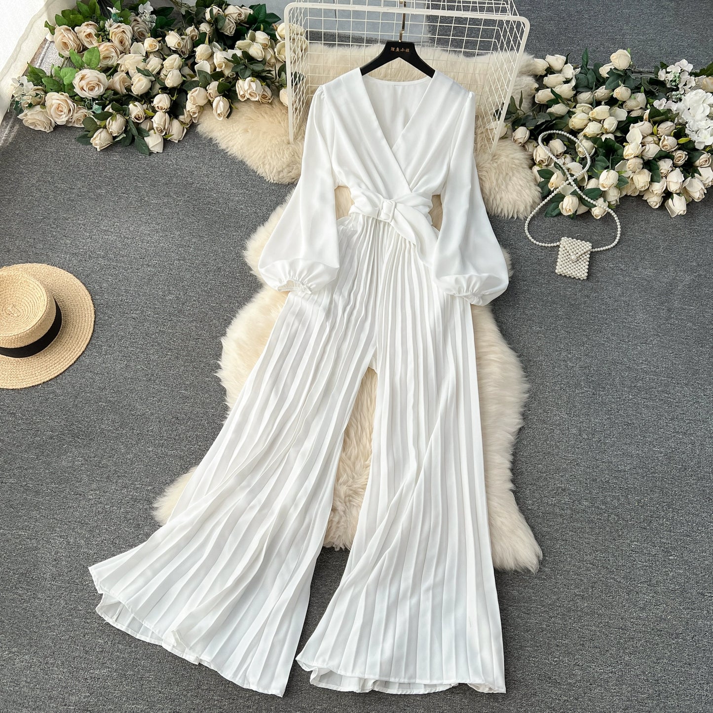 European And American Spring V-Neck Puff Sleeve Tie Waist Long Pressed Pleated Wide-Leg Pants Jumpsuit