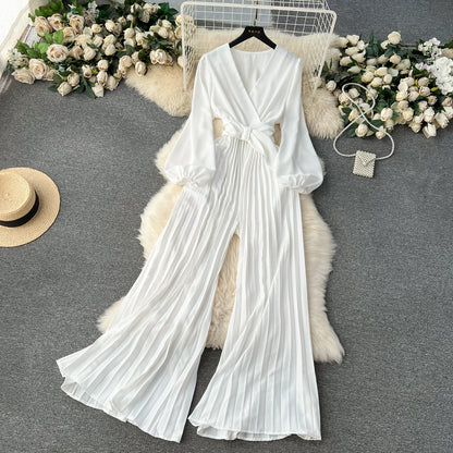 European And American Spring V-Neck Puff Sleeve Tie Waist Long Pressed Pleated Wide-Leg Pants Jumpsuit