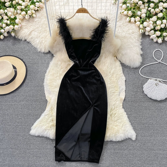 Luxury Velvet Slit Slim Waist Black Suspender Bodycon Dress