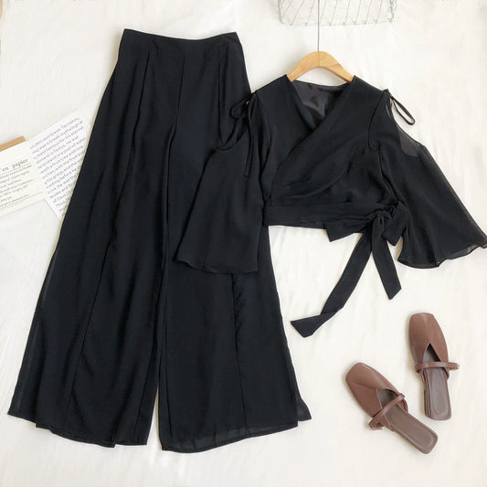 Fashionable Temperament V-Neck Tie Waist Short Bell Sleeve Shirt With High-Waisted Slit Wide-Leg Pants