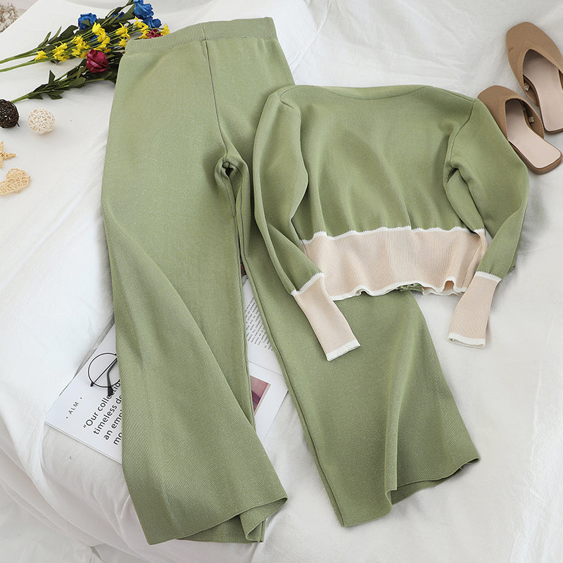 Contrasting Color knitted Buttoned V-neck Cardigan With Fashionable Wide-Leg Pants Sweater Set