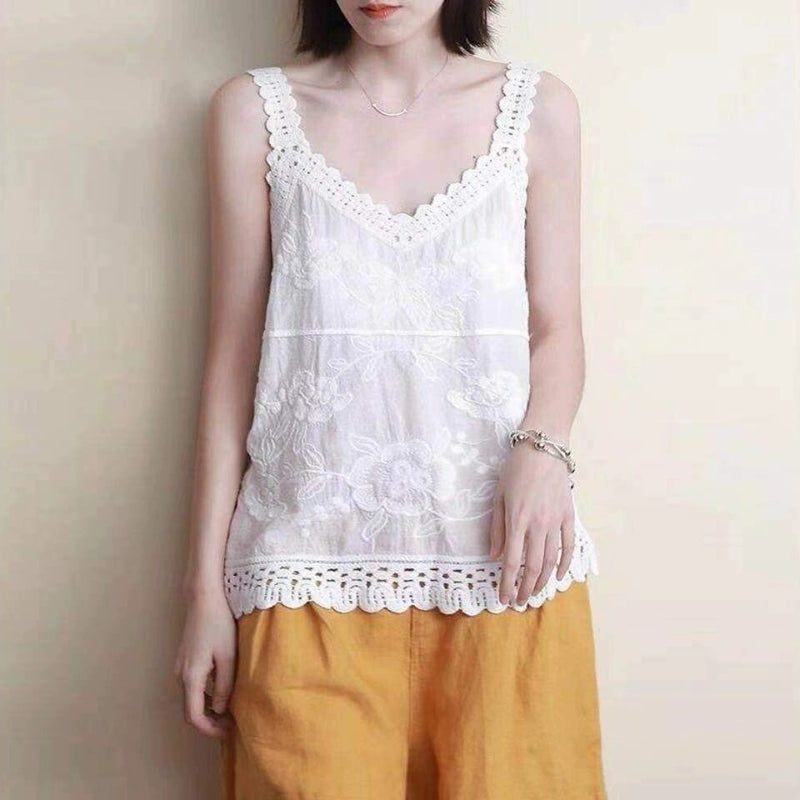 Ethnic style Summer Friendly hollow embroidery cotton and linen tops