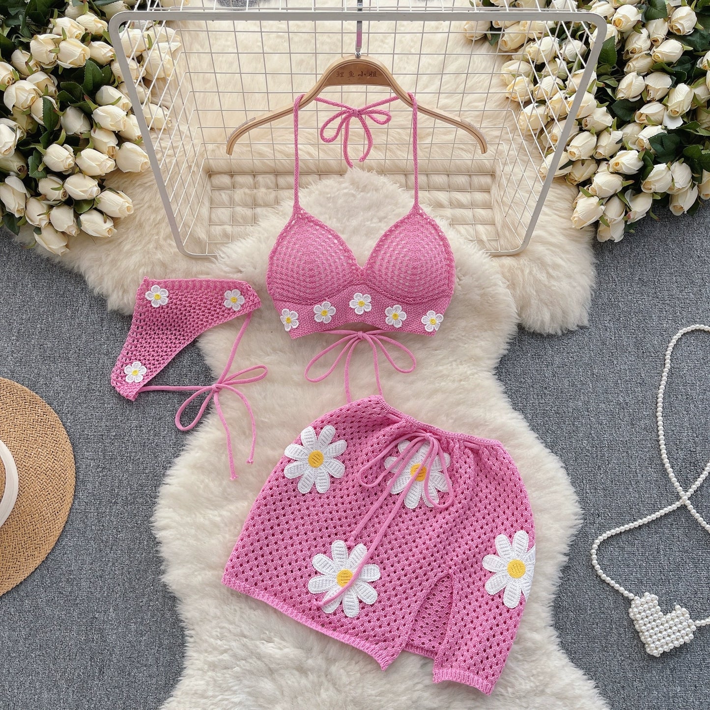 Women's Summer Flowers Design Seaside Resort-Style knitted Strappy Three-Piece Bikini Set