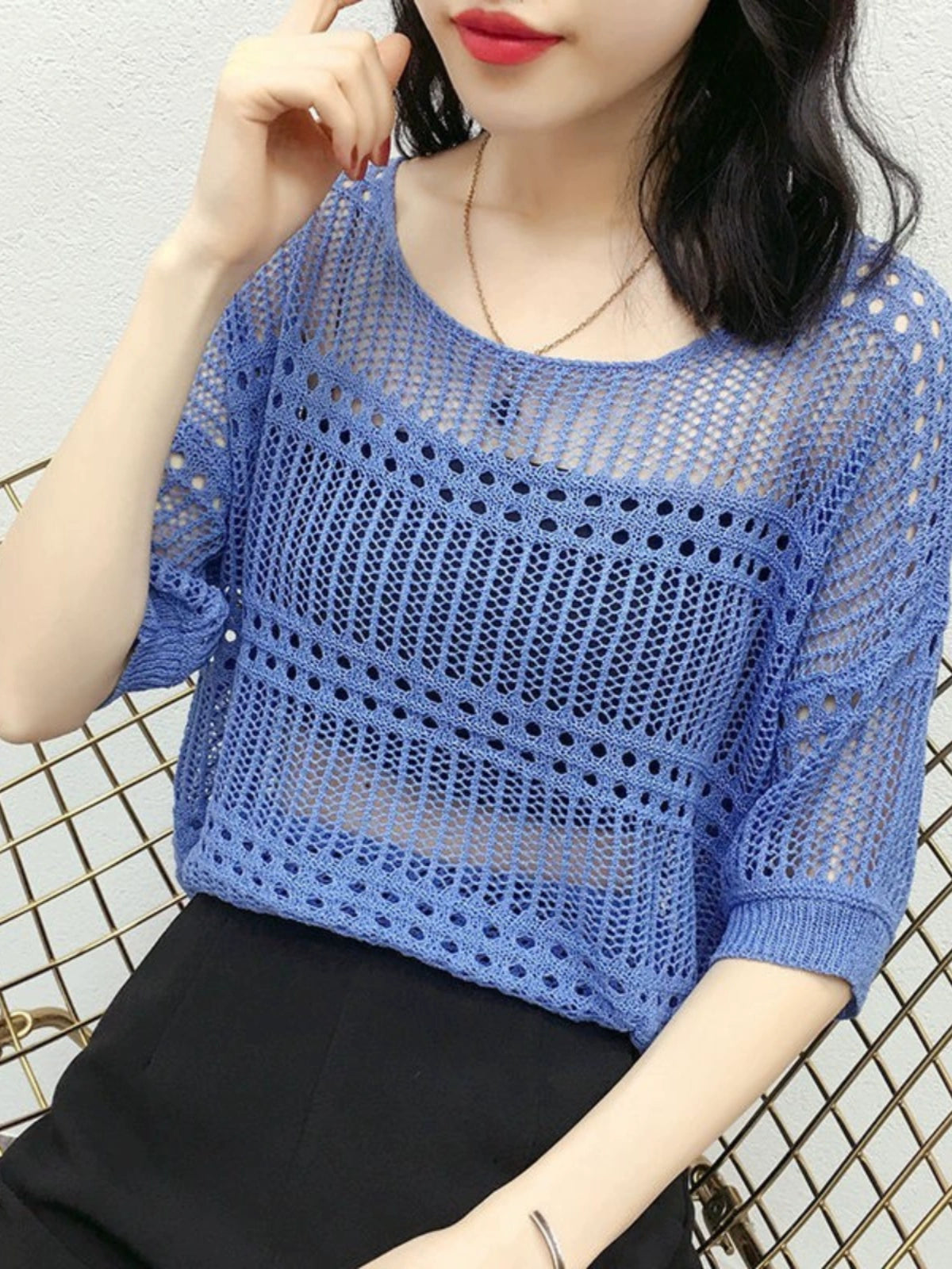 Summer Drop Soulder Cutout Knitwear Oversized Shirt Top