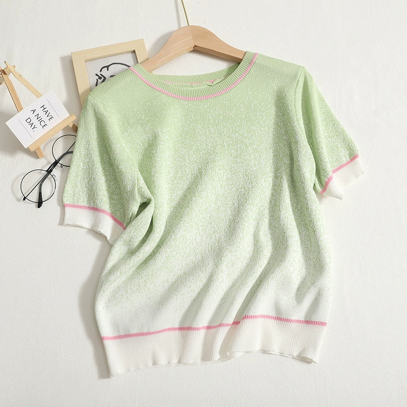 Versatile Colorful Gradient knitwear Round Neck Short Sleeve Summer Casual T-shirt Top For Summer