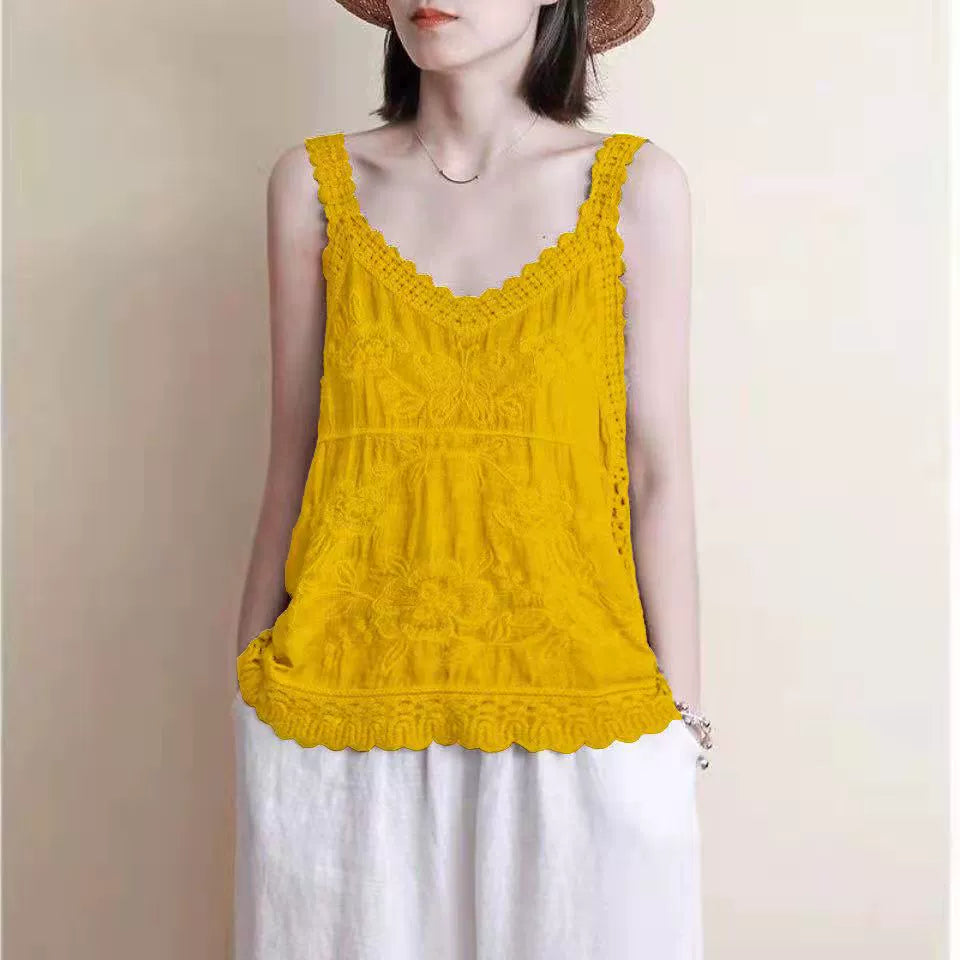 Ethnic style Summer Friendly hollow embroidery cotton and linen tops