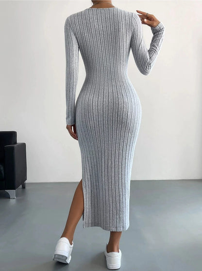 Women's Long Sleeve Round Neck Split Knit Bodycon Dress