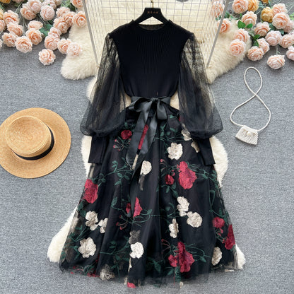 Women's Luxury Style Knitted Stitched Embroidered Mesh Dress With Lace-Up Waist Temperament Fairy Skirt