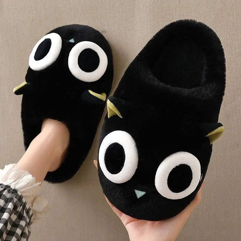 Black Kitty Thick Sole Anti Slip Indoor Cotton Slippers For Women