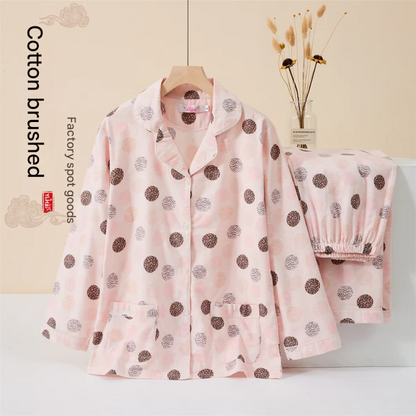 Women's Japanese-Style Cotton Flannel Sleepwear Set For Spring & Autumn