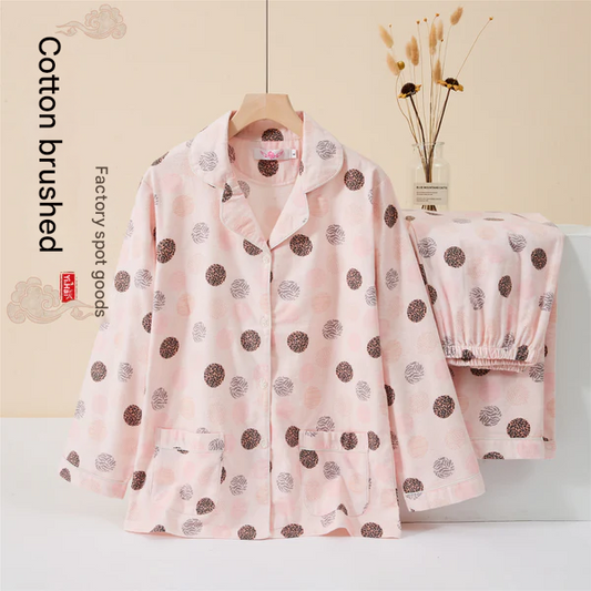 Women's Japanese-Style Cotton Flannel Sleepwear Set For Spring & Autumn