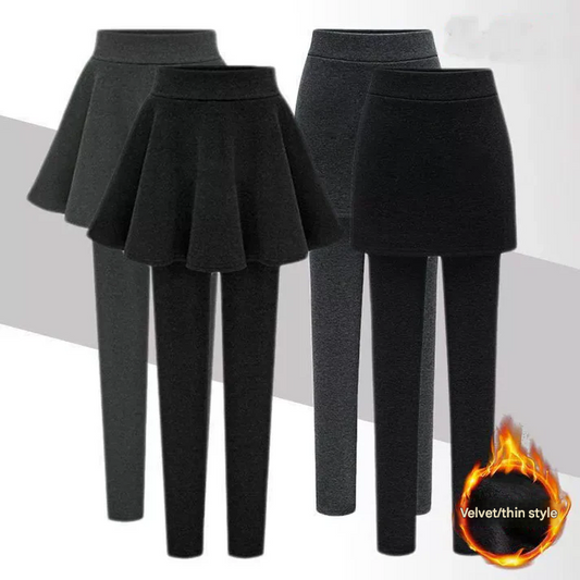 Winter Warmth Cotton and Fleece Leggings with Pleated Skirt Design