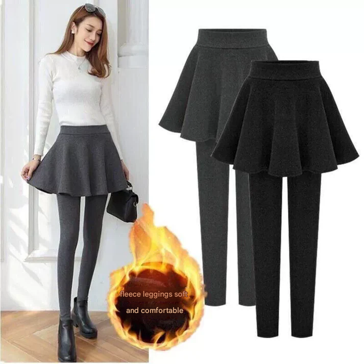 Winter Warmth Cotton and Fleece Leggings with Pleated Skirt Design